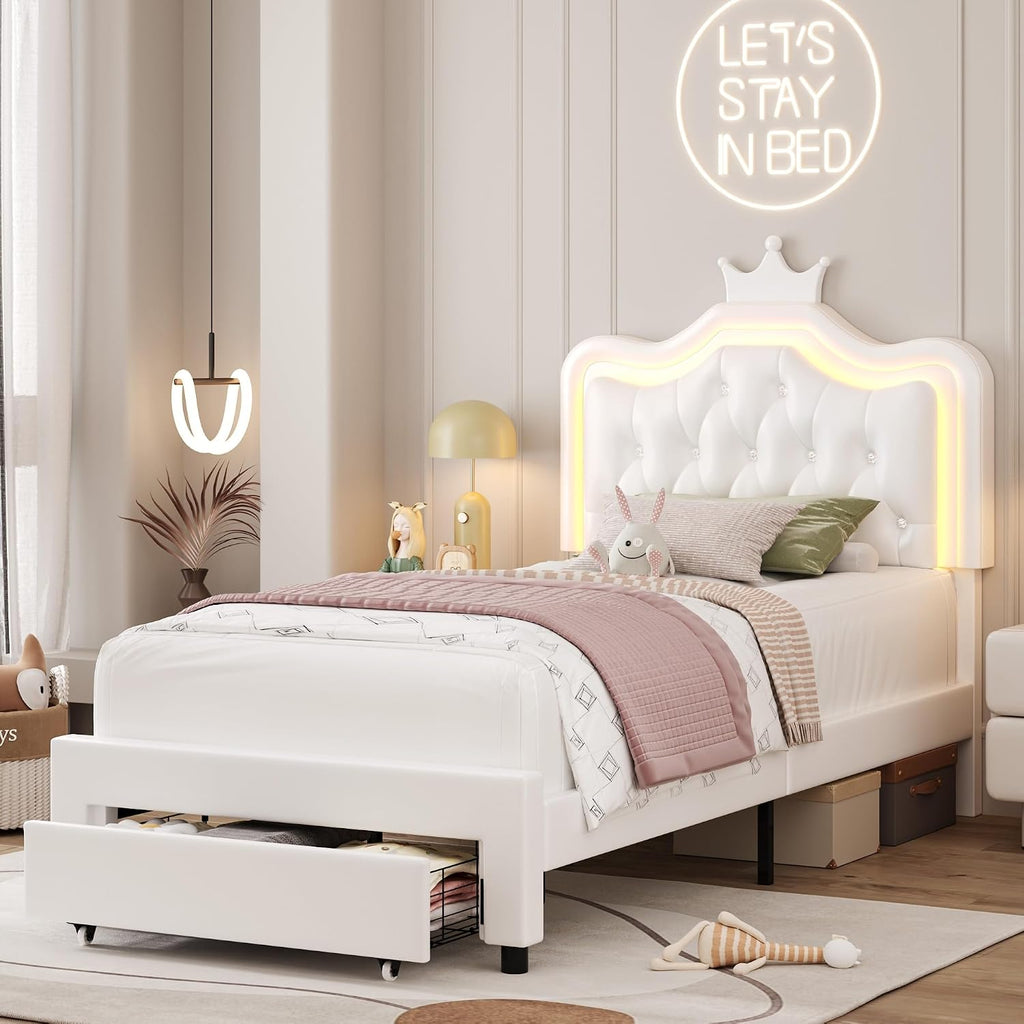 Keyluv 2 Set Twin Upholstered LED Bed Frame with Storage Drawer for Kid, Leather Princess Platform Bed with Adjustable Crystal Button Tufted Crown Headboard, Solid Woode Slats Support, White