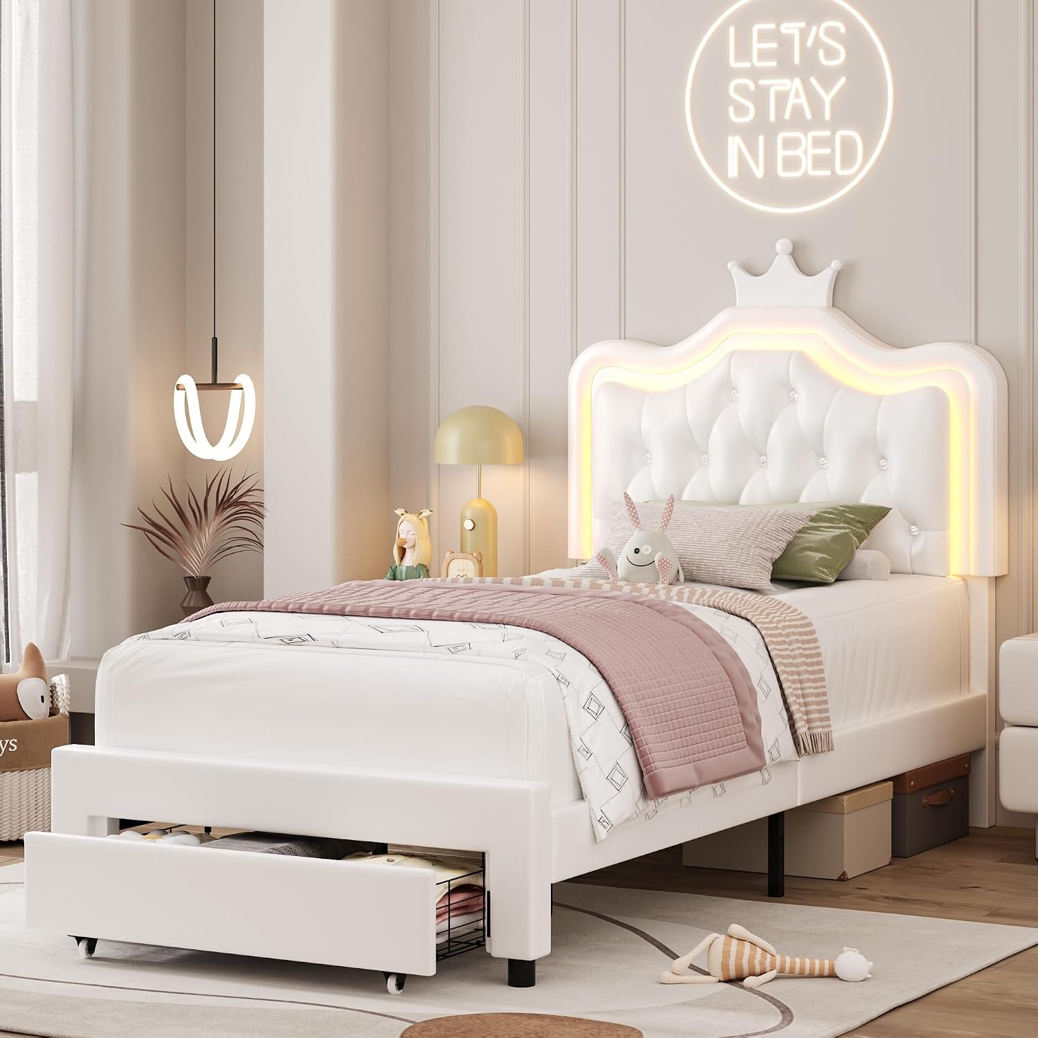 Keyluv 2 Set Twin Upholstered LED Bed Frame with Storage Drawer for Kid, Leather Princess Platform Bed with Adjustable Crystal Button Tufted Crown Headboard, Solid Woode Slats Support, White