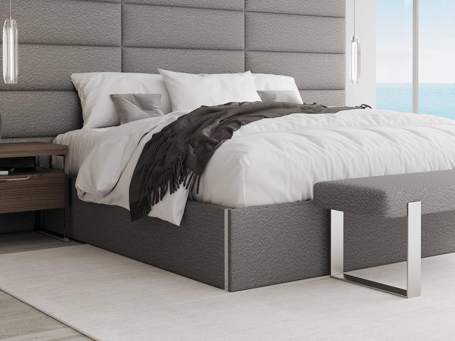 VANT Upholstered Platform Bed -Queen Size- Boucle Grey - Easy Assembly Bed Frame No Box Spring Needed Foundation for Optimal Support - Sleek Modern Design for Any Bedroom