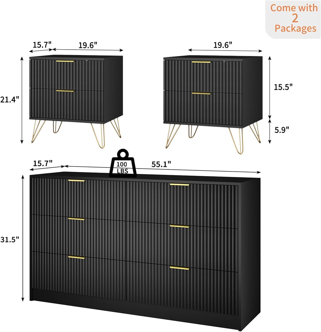 Black Dresser and Nightstand Sets, 6 Drawer Dresser Set for Bedroom 3 Piece, 55' Wide Fluted Wood Dressers W/Metal Handle & Night Stand Set of 2, Modern Bedroom Furniture Sets, Black