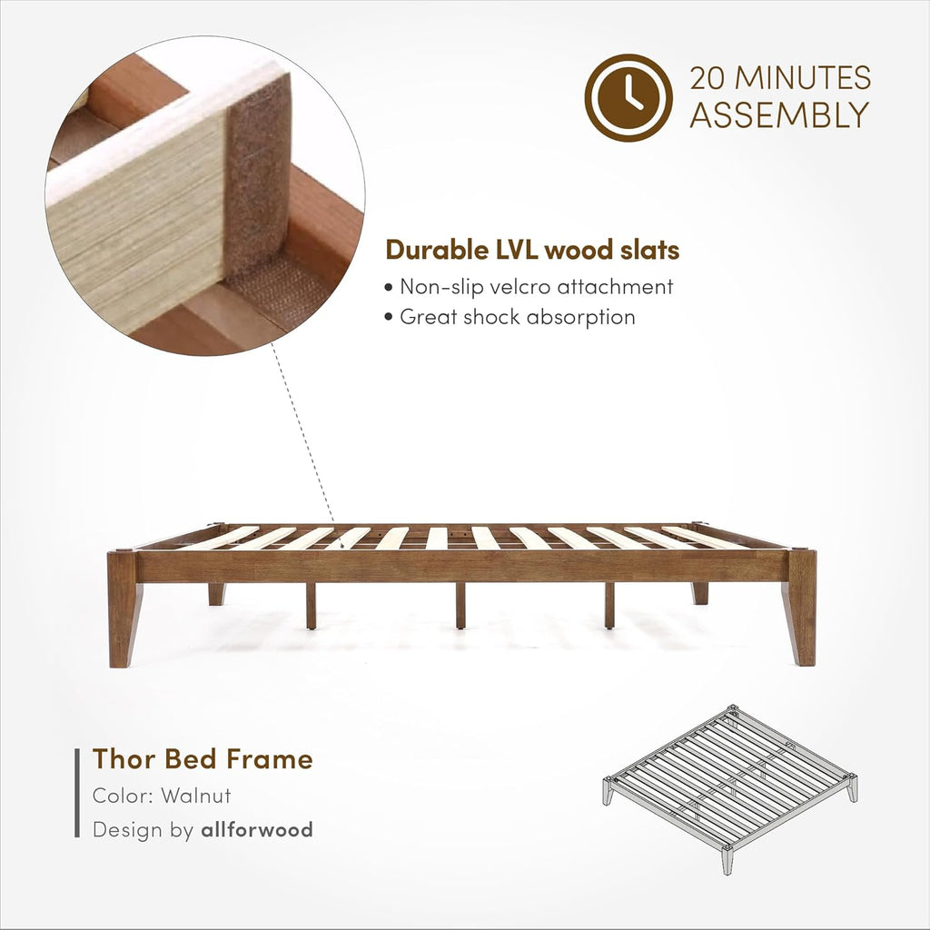 Thor Premium Solid Wood Bed Frame King, Japanese Joinery Bed Frame with Wood Slat Support, Platform Bed, No Box Spring Needed, Easy Assembly, Minimalist & Modern Style (Walnut)