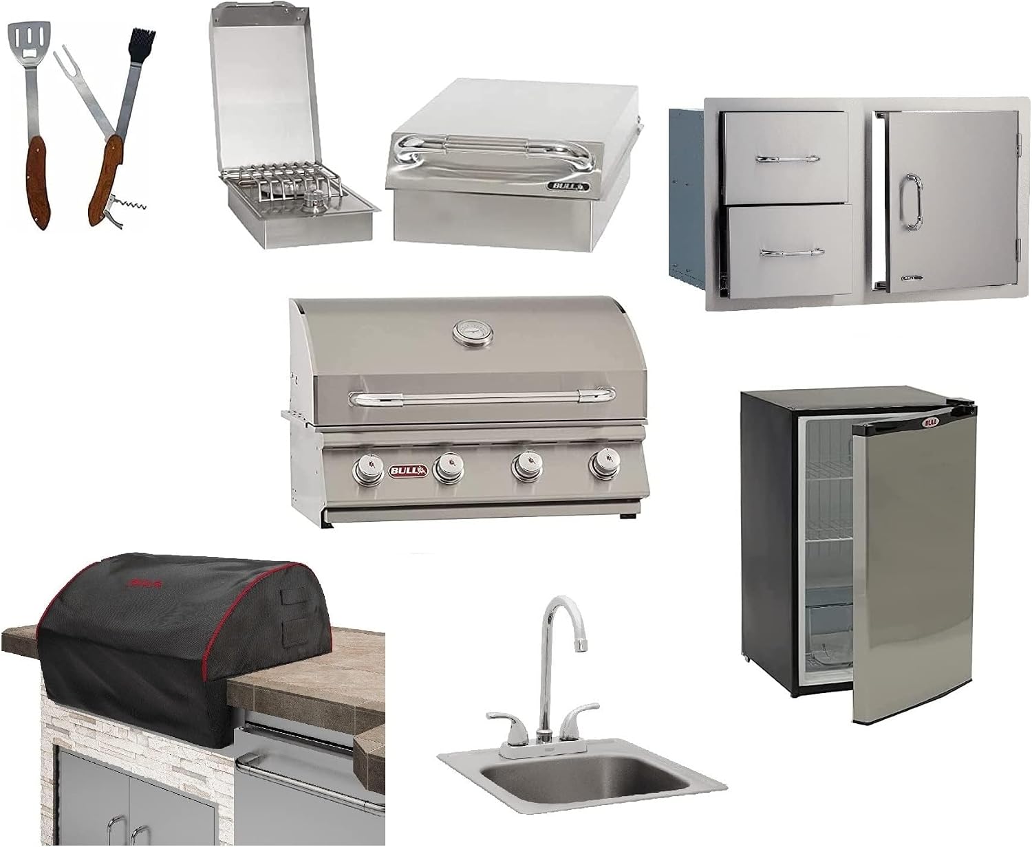 AMS Fireplace | Bull GRILLS outdoor 30' The Outlaw grill NG with Single Side Burner, SS Sink, Grill Cover, Refrigerator, Door & Drawer Combo w/5 in 1 BBQ Tool Set