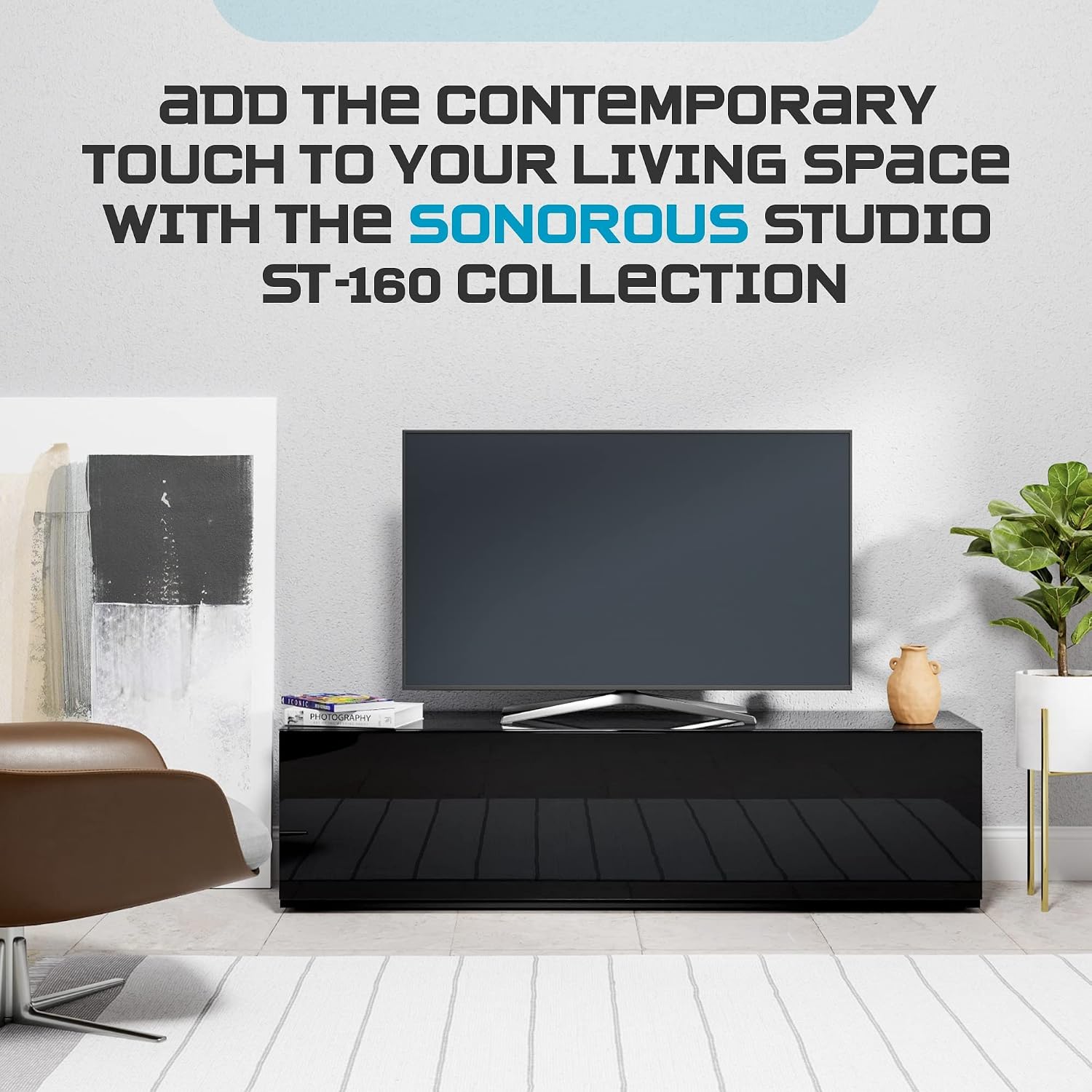 SONOROUS ST-160 Premium TV Stand with Black Wood & Black Wood Cover - Luxury Entertainment Center & Media Console for Living Room - High Gloss Modern TV Cabinet up to 75 Inches - Sleek Storage Design