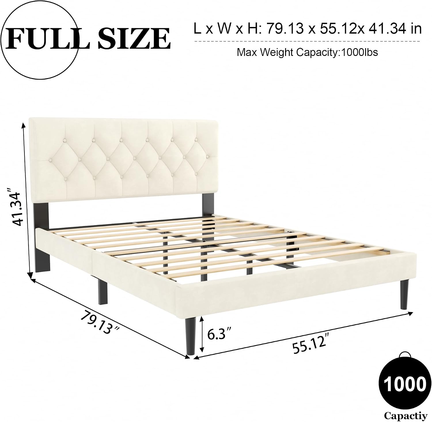 HAOARA Full Size Platform Bed Frame with Upholstered Button Tufted Headboard, Mattress Foundation with Wooden Slat Support, Noise Free, No Box Spring Needed, Easy Assembly, Beige Velvet