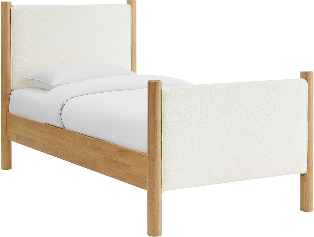 Modway Maven Twin Size Bed Frame in Feather Oak with Upholstered Boucle Headboard and Footboard – Wood Twin Platform Bed Frame – No Box Spring Needed