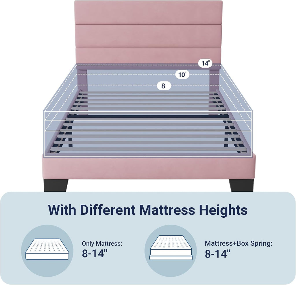 Allewie Twin Size Platform Bed Frame with Velvet Upholstered Headboard and Wooden Slats Support, Fully Upholstered Mattress Foundation/No Box Spring Needed/Easy Assembly, Pink