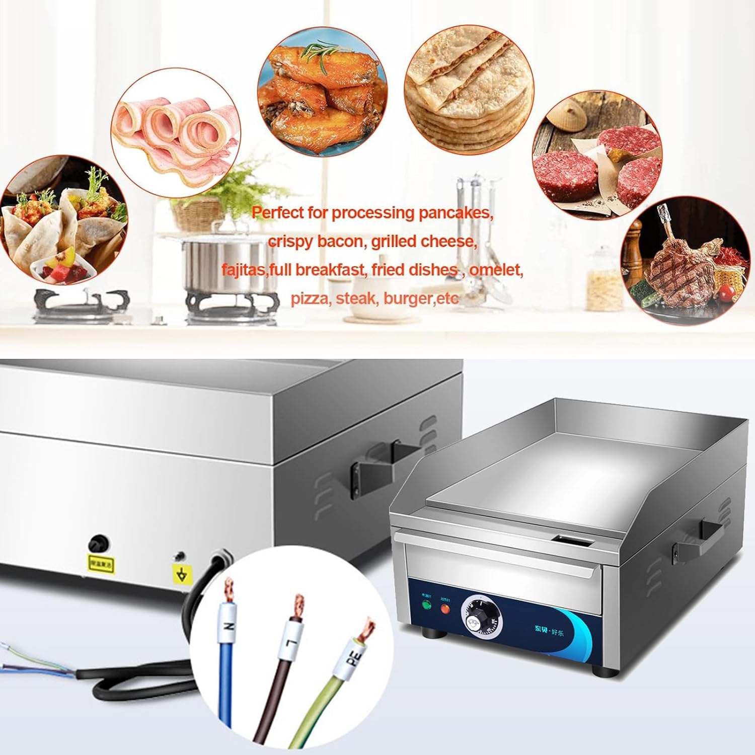 Commercial Electric Griddle, 14' 2200W Commercial Electric Countertop Non-Stick Flat Top Grill with Adjustable Temperature Control