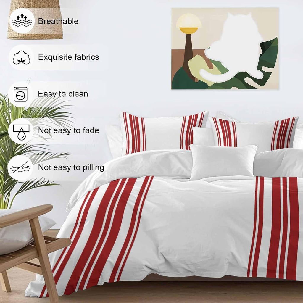 Dark Red and White Striped Duvet Cover Set Queen Size 4 Pieces Modern Minimalist Vertical Lines Bedding Set with Zipper Closure, 1 Comforter Cover 86x86 Inches 1 Flat Sheet & 2 Pillow Cases