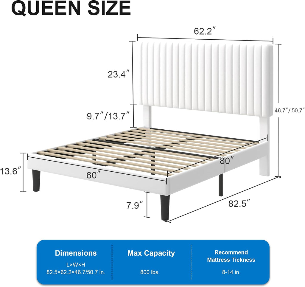 GOLDORO Queen Size Bed Frame with Adjustable Headboard, Velvet Upholstered Platform Bed, Vertical Channel Tufted Design, Wooden Slat Support, No Box Spring Needed, Easy Assembly, White