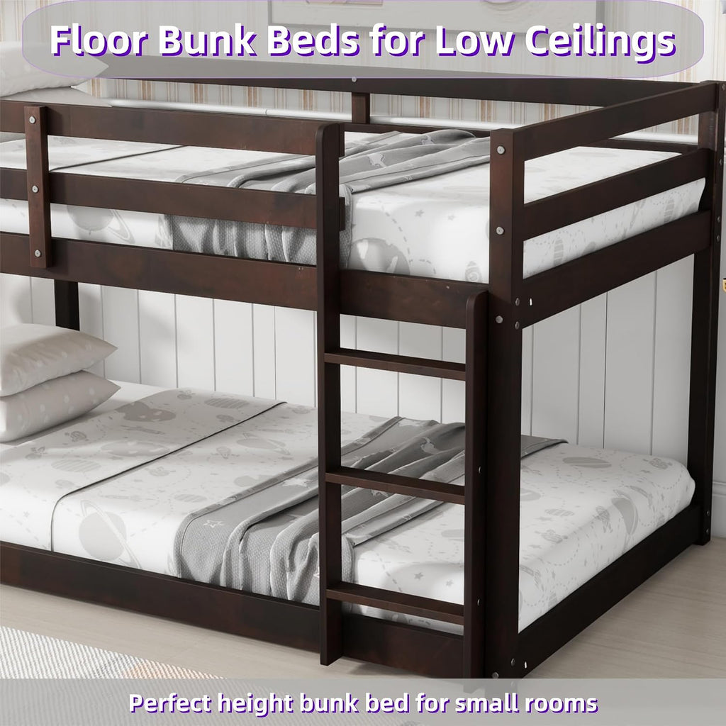 Bunk Bed Twin Over Twin, Floor Bunk Bed w Ladder, Safety Guard Rails, Heavy Duty Wooden Twin Bunk Beds Low Bunkbeds No Box Spring Required, Espresso