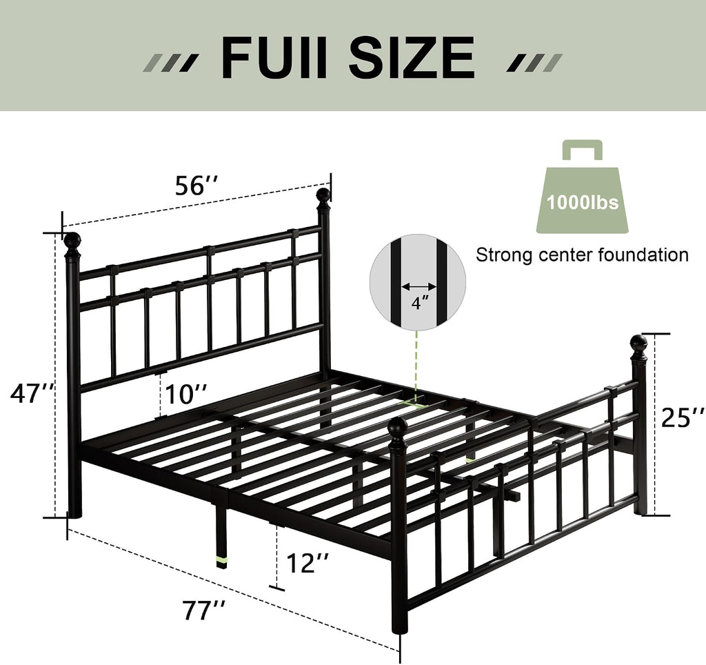 Feonase Full Size Metal Platform Bed Frame with Victorian Classic Iron-Art Headboard & Footboard, Heavy Duty Slats, 12' Under Bed Storage, No Box Spring Needed, Easy Assembly, Noise-Free, Black