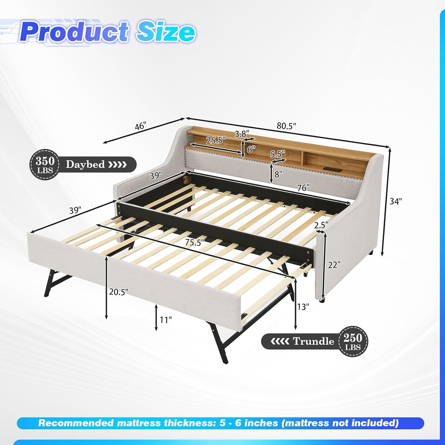Twin Daybed w/Pop Up Trundle & Wireless Charger, Upholstered Sofa Day Bed Frame w/LED/USB/Type C/Storage Headboard, Twin to King Trundle Bed for Bedroom, Living Room, No Box Spring Needed, Beige