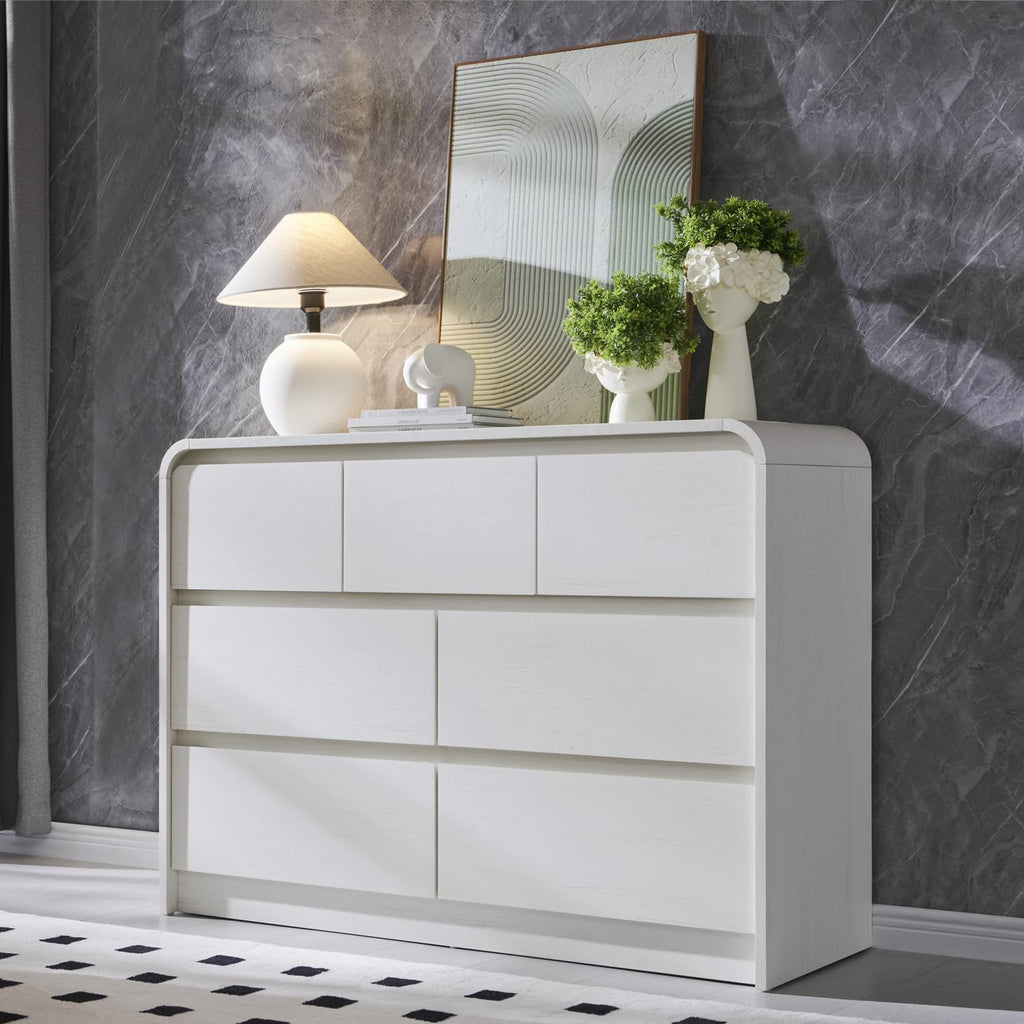 Aitjunz Modern 7 Drawers Dresser for Bedroom, 47' Wide Wood Dressers & Chests of Drawers w/Curved Profile Design, Mid Century Modern Dresser w/Natural Texture for Bedroom, Living Room,Antique White