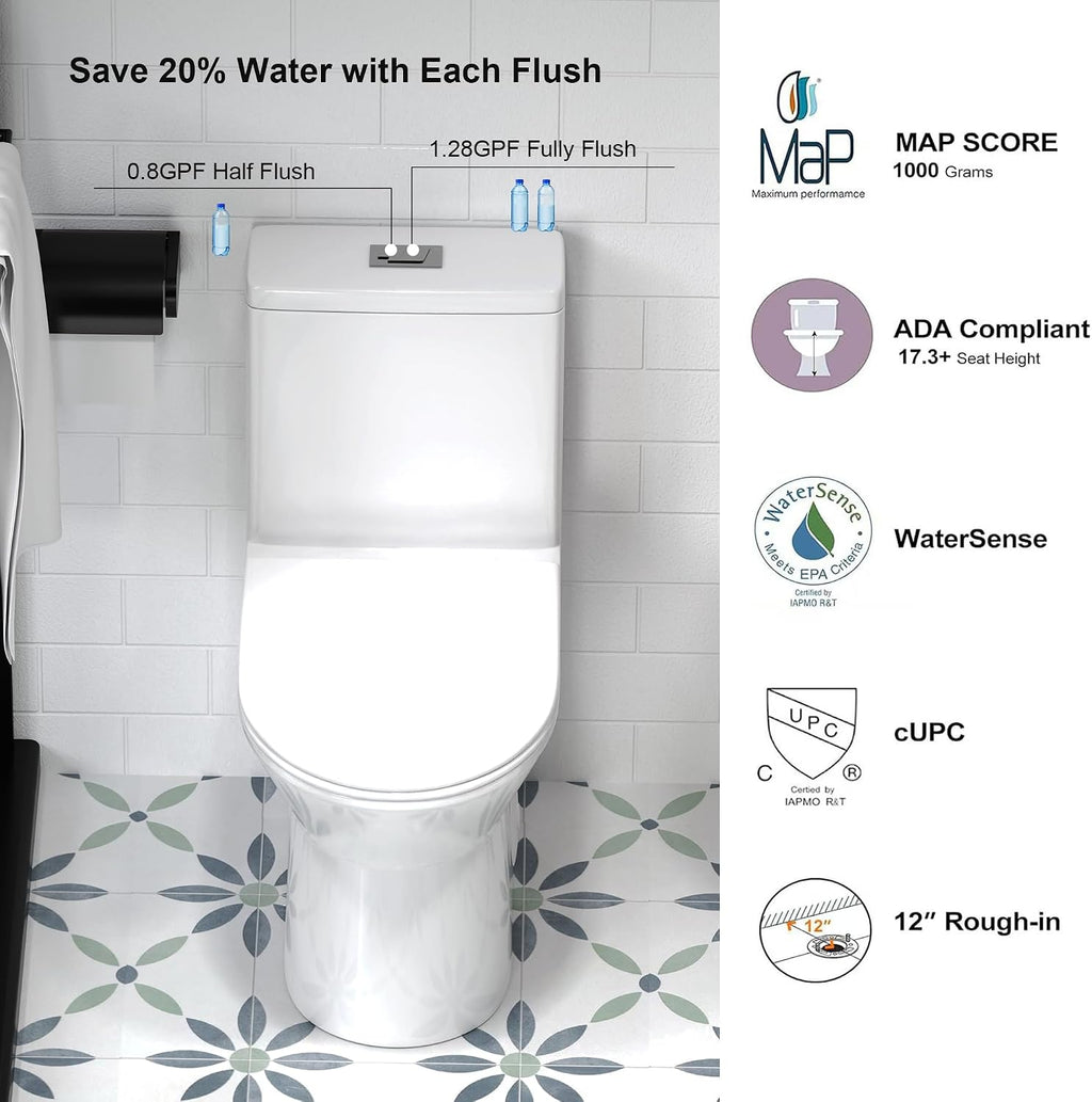 Elongated One Piece Toilet with Comfort Chair Seat ADA Height 17.3', Modern Toilets for Bathroom, Powerful Dual Flush 0.8/1.28 GPF, MAP 1000g Compact Toilet, 12' Rough-In, Standard White Toilet Bowl