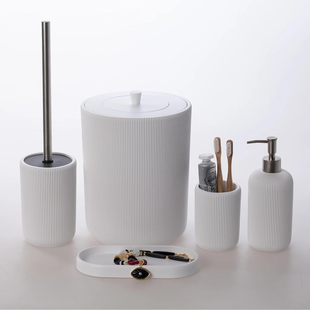 Lydia Collection 5-Piece Resin Bathroom Accessories Set – Toilet Brush Holder, Waste Bin, Soap Dispenser, Tray & Toothbrush Holder (White)