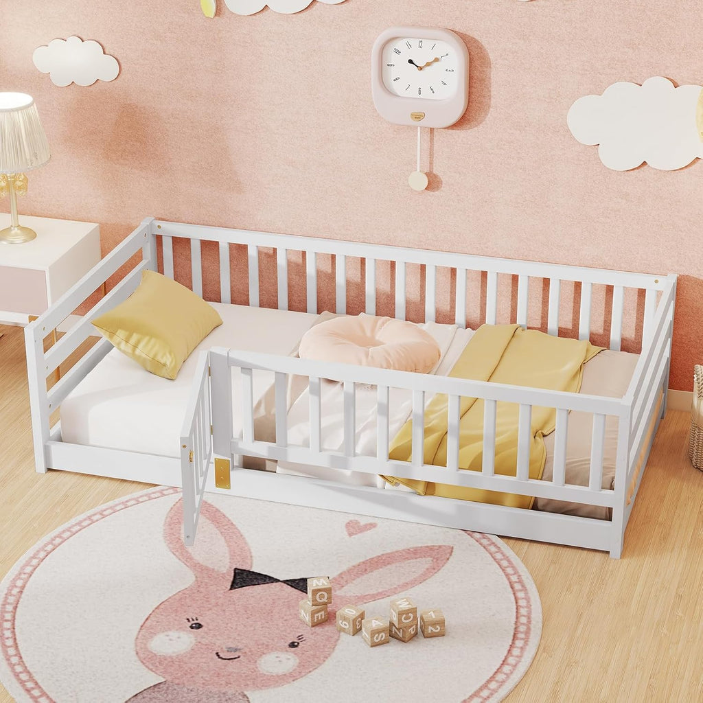 KOMFOTT Twin Size Wood Floor Bed with Door & 21.5' Fence, Montessori Bed Frame with Full Length Safety Guardrails, Door & Latch, Wooden Montessori Floor Bed for Kids, Girls, Boys