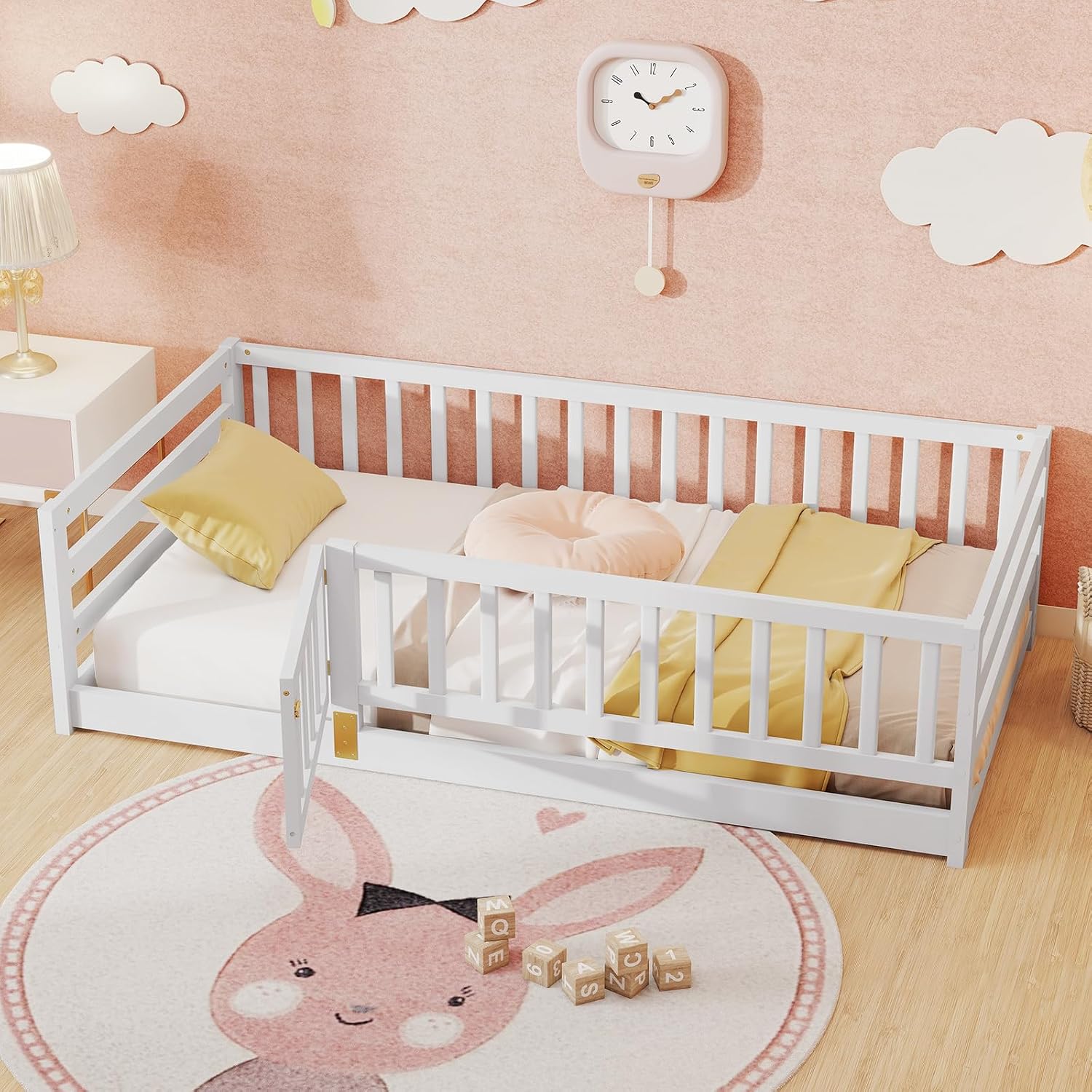 KOMFOTT Twin Size Wood Floor Bed with Door & 21.5' Fence, Montessori Bed Frame with Full Length Safety Guardrails, Door & Latch, Wooden Montessori Floor Bed for Kids, Girls, Boys