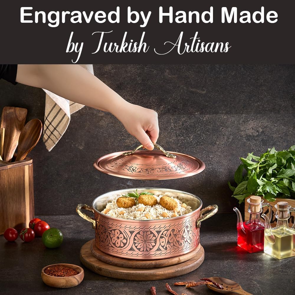 Vintage 100% Pure Solid Copper Hammered Handmade Engraved Cookware Cooking Stew Pot Braiser Lid Pan Oven Fancy Serving Nonstick Handle Non Stick Decorative Kitchen Decor Indian Turkish (3 Quarts)
