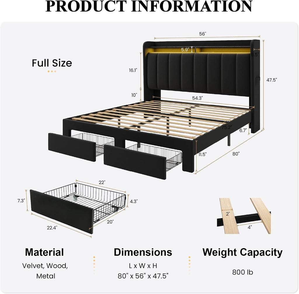 SHA CERLIN Velvet Full Size Bed Frame with Vertical Channel Tufted Wingback Headboard & 2 Storage Drawers/2-Tier Shelves with LED Lights & Charging Station/Noise-Free/No Box Spring Needed/Black
