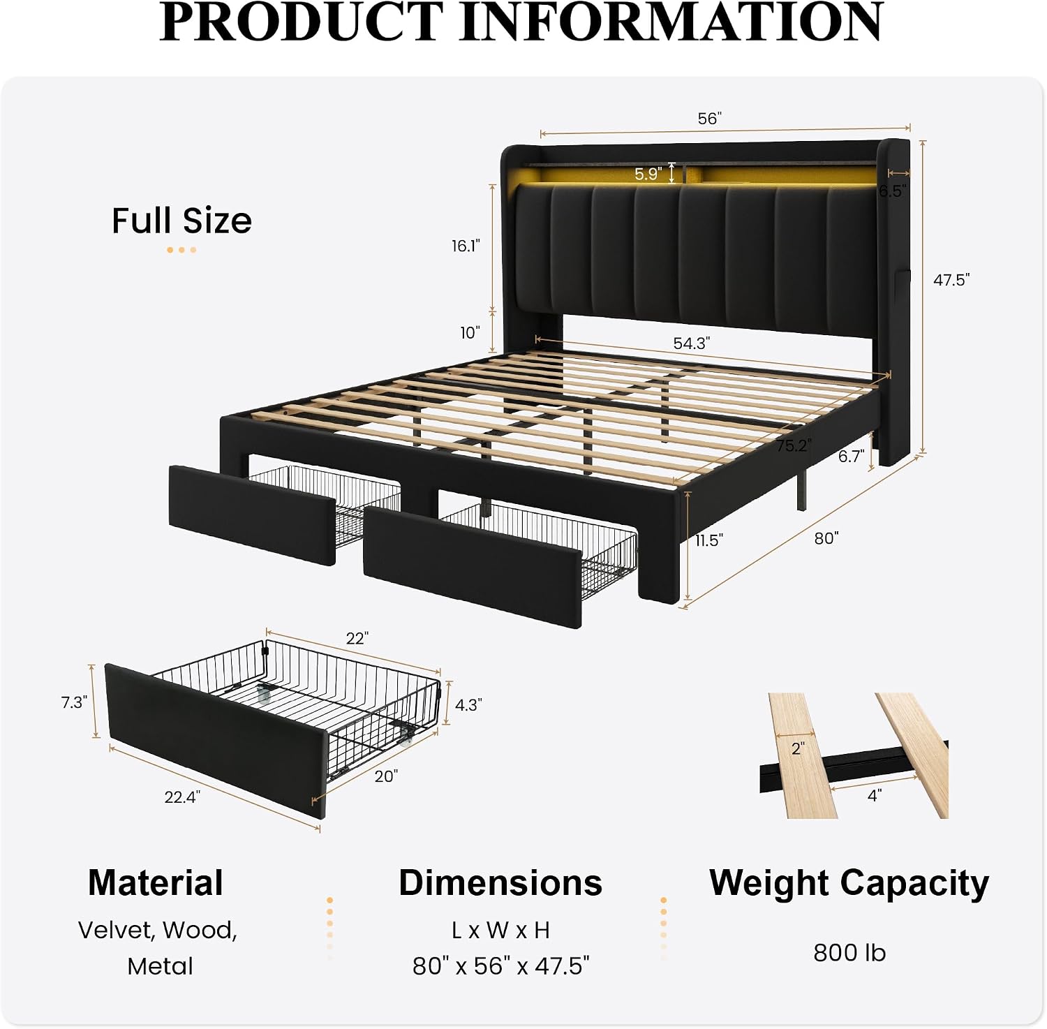 SHA CERLIN Velvet Full Size Bed Frame with Vertical Channel Tufted Wingback Headboard & 2 Storage Drawers/2-Tier Shelves with LED Lights & Charging Station/Noise-Free/No Box Spring Needed/Black