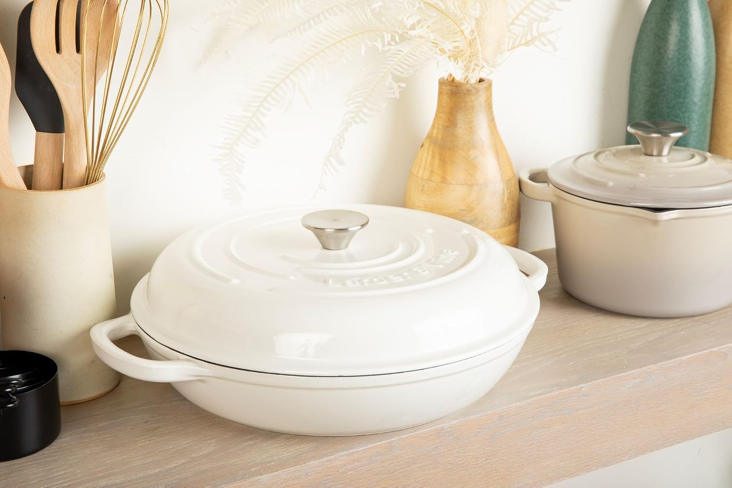 Larder & Vine 6-Piece Enameled Cast Iron Pan Cookware Sets, Includes 8 Quart and 5.7 Quart Dutch Oven with Lids, Braiser/Crock Pot with Lid (White)