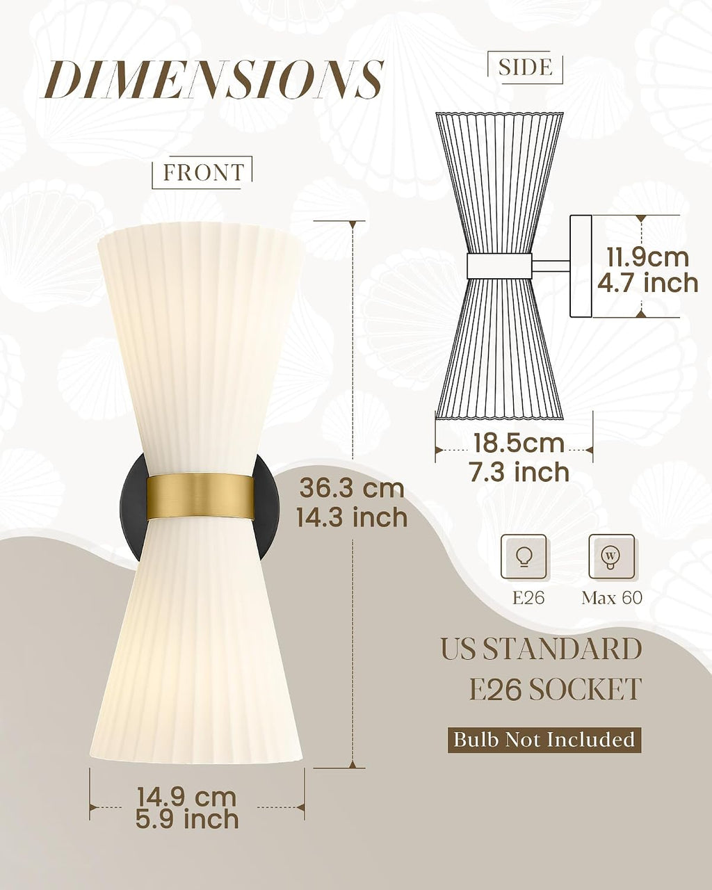 Wall Sconces Set of Two, HWH 14.3 Inch Black and Gold Bathroom Sconces with Frosted Milk White Striped Glass, Up Down Modern Wall Light fixtures for Living Room Bedroom, 5HZG97B-2W-2PK BK+BG