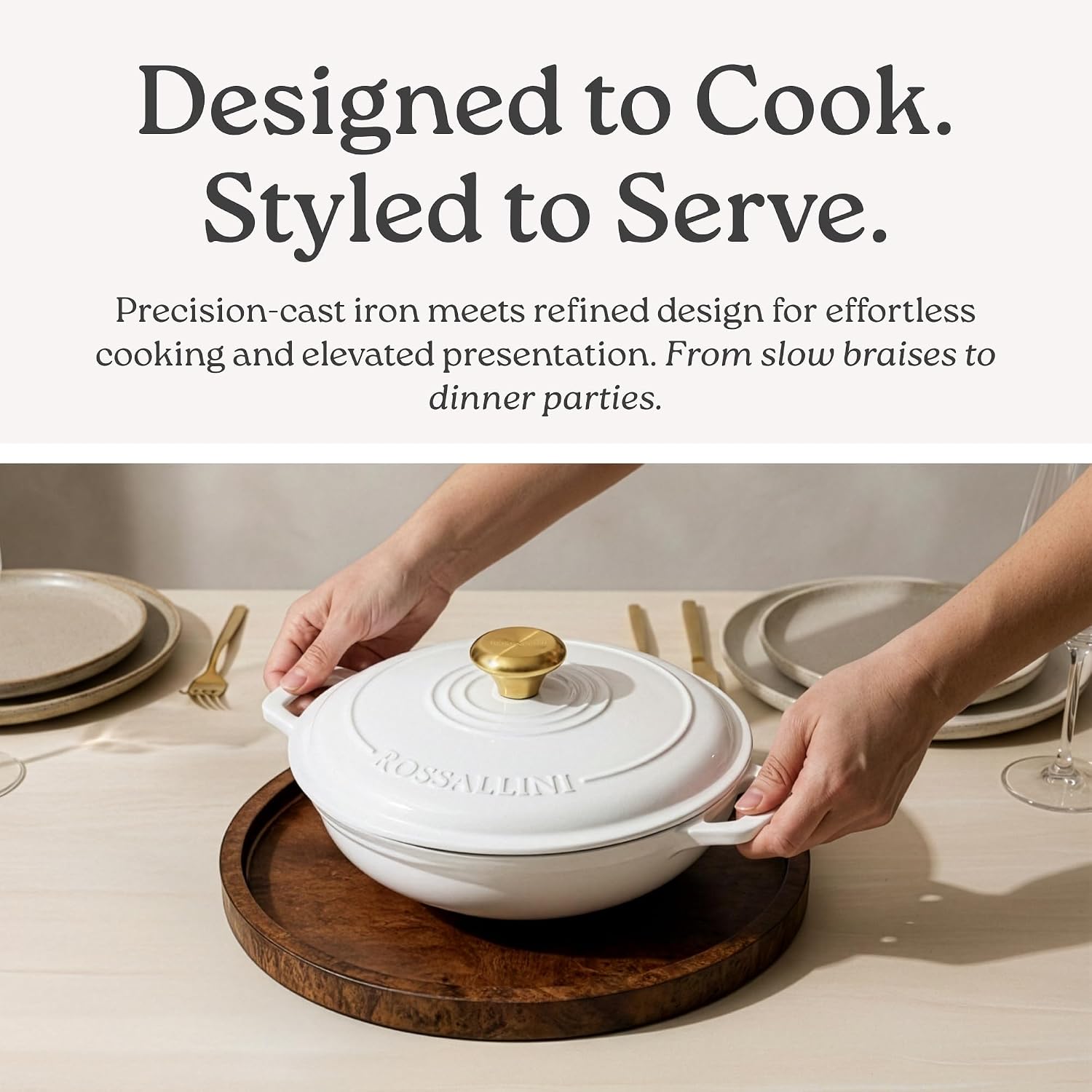 ROSSALLINI Signature Enameled Cast Iron Braiser, Non-Stick Serving Pot with Tight Fitting Lid for Perfect Roasting, Baking, Sauteing, Searing, and Pan Frying | 5Q (4.7L) - Red