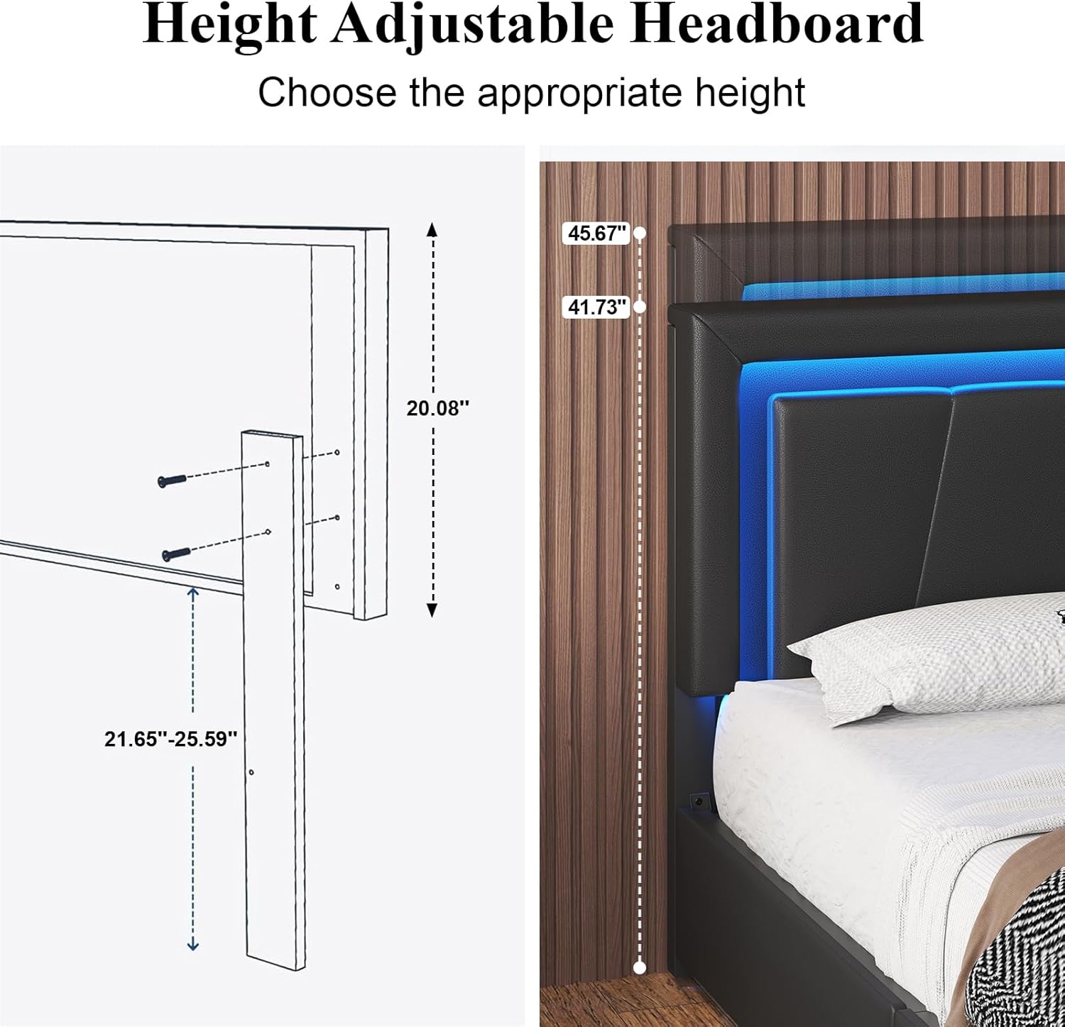 Full Size Bed Frame with 4 Storage Drawers and LED Lights, Upholstered Platform Bed with Adjustable Headboard and Charging Station, Metal Slats Support, No Box Spring Needed,Easy Assembly, Black