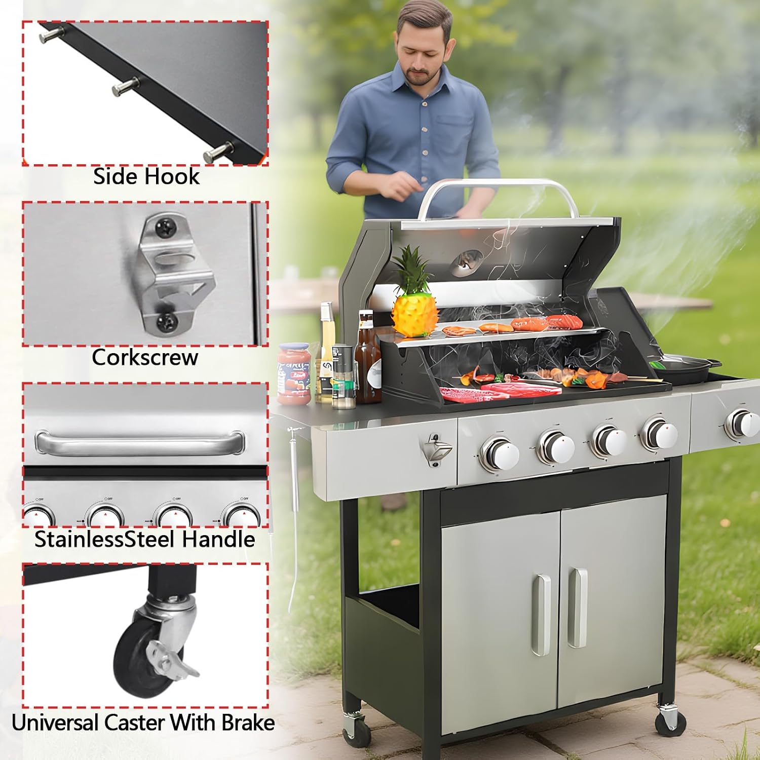 3-Burner Propane Gas BBQ Grill, Stainless Steel Propane Grill 36,900 BTU Outdoor Cabinet Style with Wheels, Wire Rack and Two Foldable Side Table for Outdoor Barbecue Cooking (5-Burner Grill,Silver)