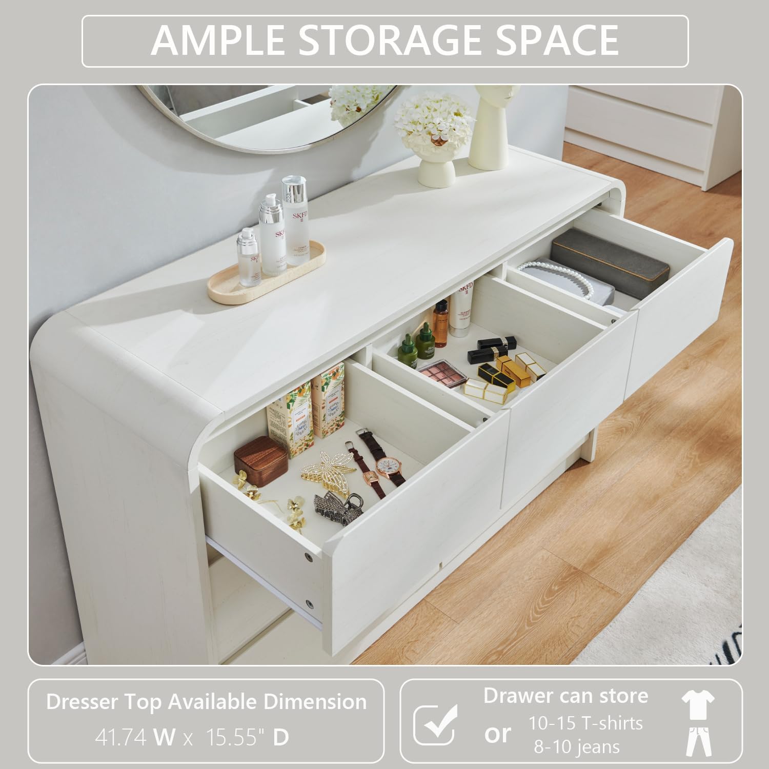 Aitjunz Modern 7 Drawers Dresser for Bedroom, 47' Wide Wood Dressers & Chests of Drawers w/Curved Profile Design, Mid Century Modern Dresser w/Natural Texture for Bedroom, Living Room,Antique White