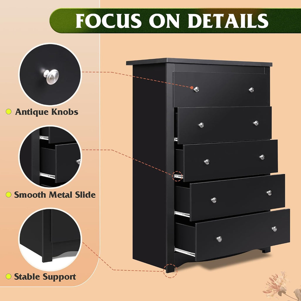 WLIVE Wooden Dresser with 5 Drawers, 45' Tall Black Dresser for Bedroom, Chest of Drawers, Storage Cabinet and Organizer Drawers for Living Room, Hallway, Closet