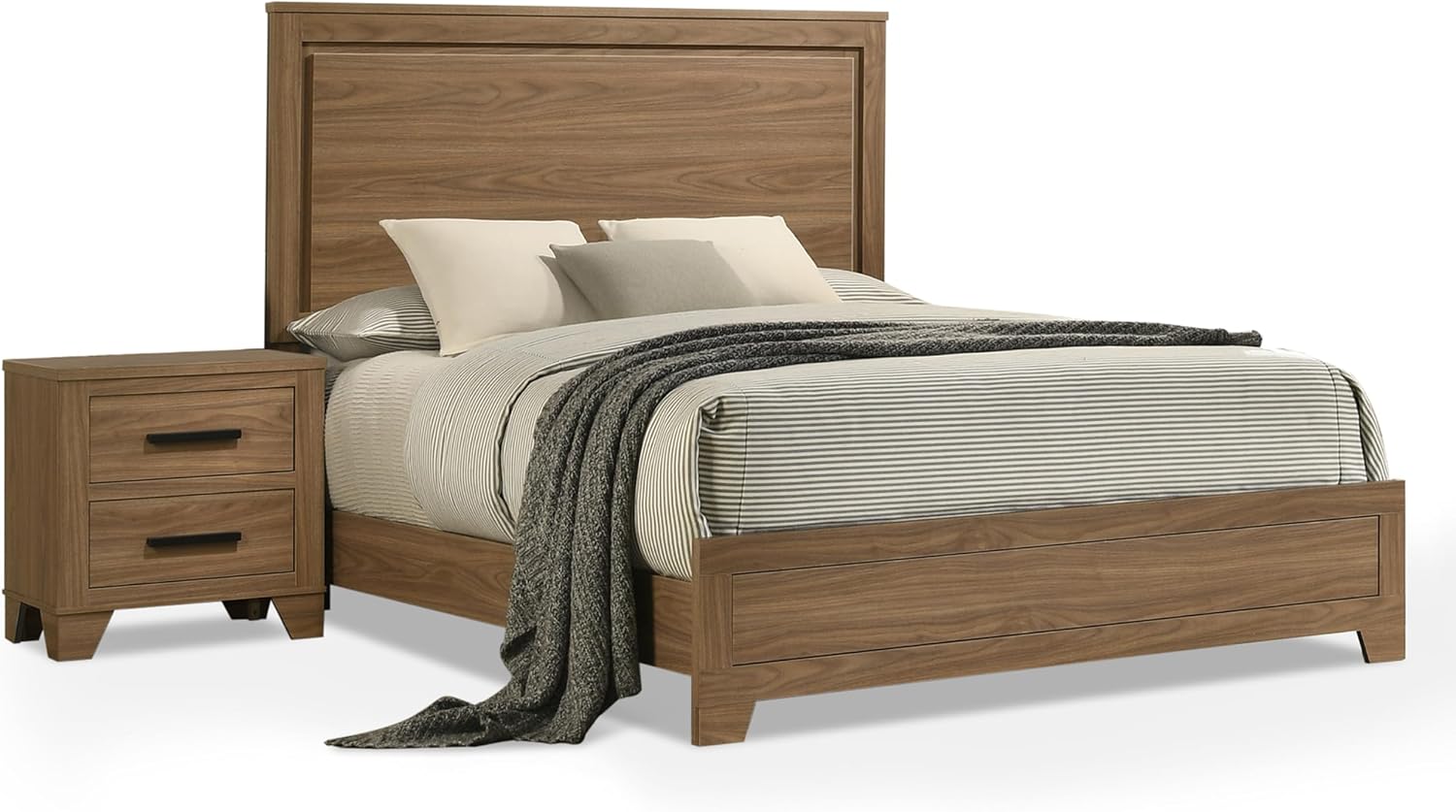 Furniture of America Nomal Modern Solid Wood 2-Piece Bedroom Set with Recessed Panel Headboard Bed, Metal Center Glide on Nightstand, Box Spring Needed for Bedroom, Guest Room, Queen, Chestnut Brown