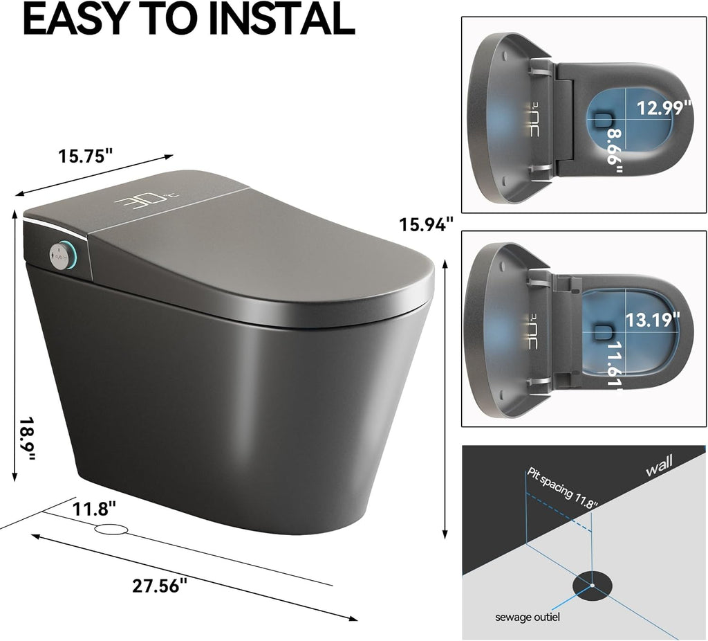 Smart Toilet,One Piece Toilet with Bidet Built In,Dryer & Warm Water - Ceramic Toilet with Sensing Distance, Auto Open/Close Seat,Grey