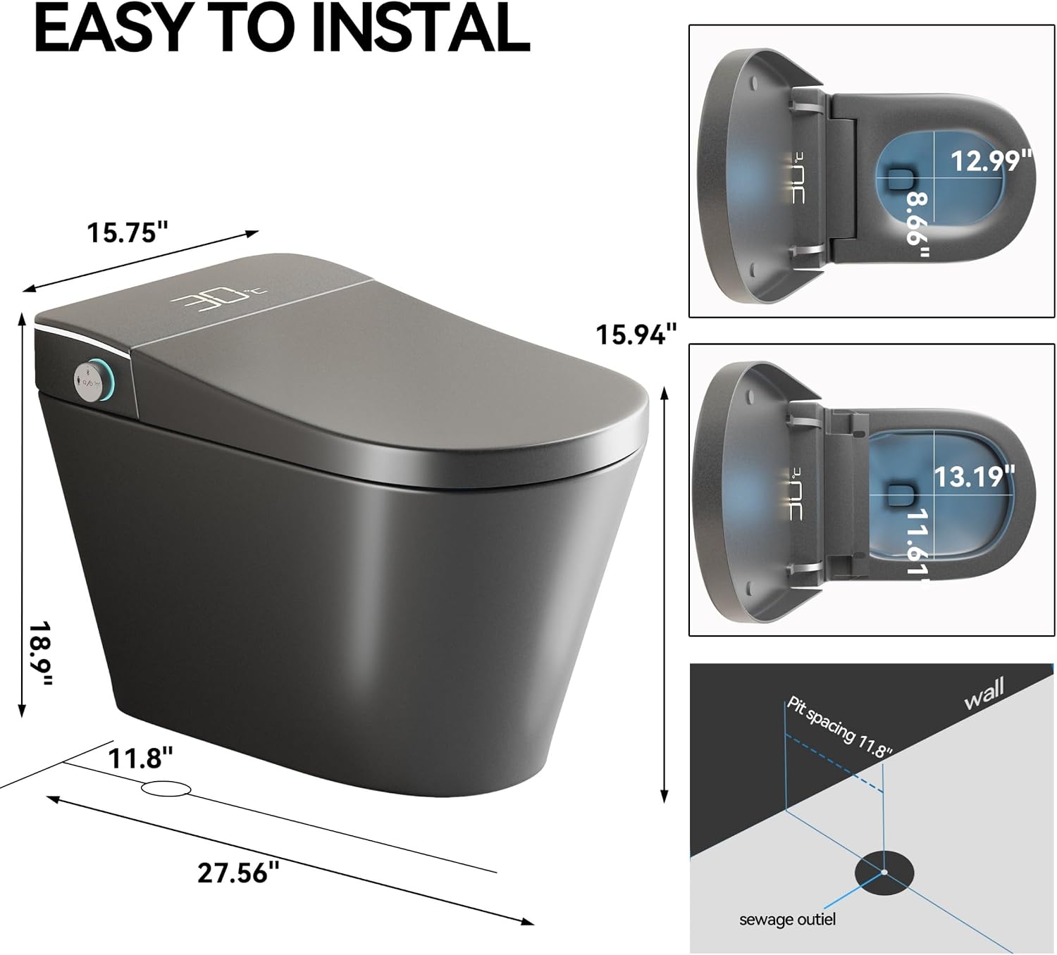 Smart Toilet,One Piece Toilet with Bidet Built In,Dryer & Warm Water - Ceramic Toilet with Sensing Distance, Auto Open/Close Seat,Grey
