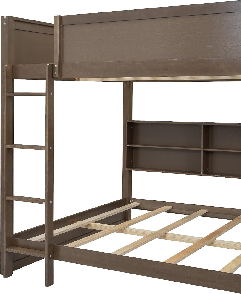 Queen Over Queen Bunk Bed with Built-in Shelves and USB Ports, Solid Wood Bunk Bed Frame with Safety Guardrail, for Kids Boys Girls Bedroom, No Box Spring Needed (Antique Wood Color)
