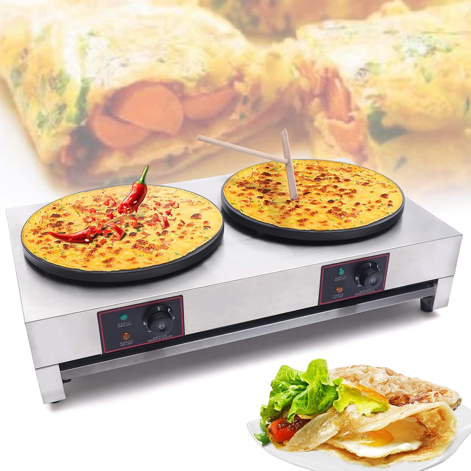 Crepe Maker, Commercial Electric Crepe Maker Machine, Non-Stick Electric Burner Griddle, 2-Burner Crepe-Making Table Stove, 110v Pancake Baking Machine, Kitchen Pancake Rake