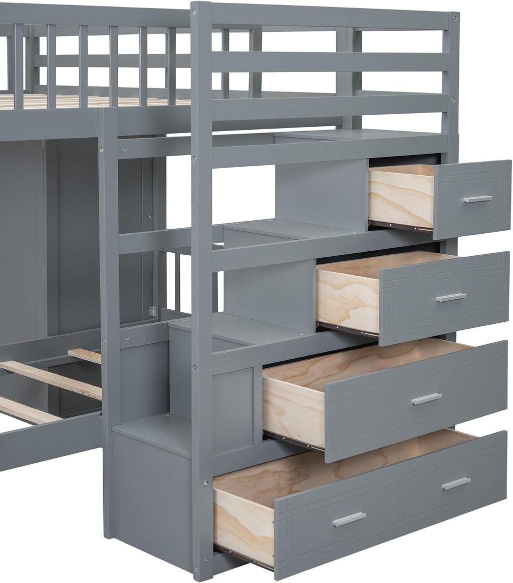 Ball & Cast Full Over Twin Bunk Bed with Safty Guardrail & Storage Stair,Wood Loft Bedframe W/Wardrobe & Drawers,Space-Saving Design,Easy Assembly,Versatile Furniture for Boys Girls Teen Bedroom,Gray