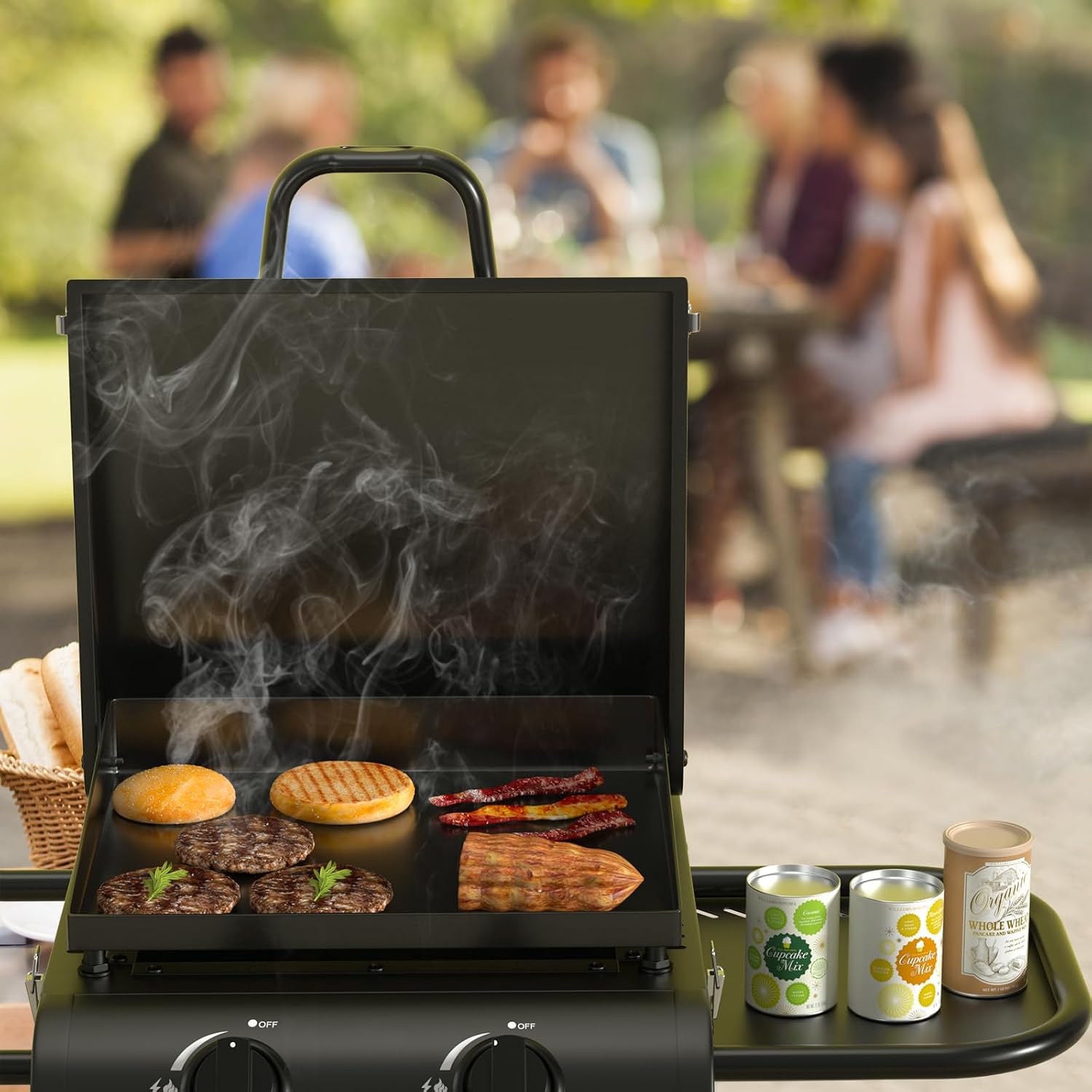 Portable Propane Griddle Grill with Hood, Side Shelf, & Adjustable Heat Zones - Folding Gas Grill for Outdoor Cooking Patio Backyard Camping RV Tailgating