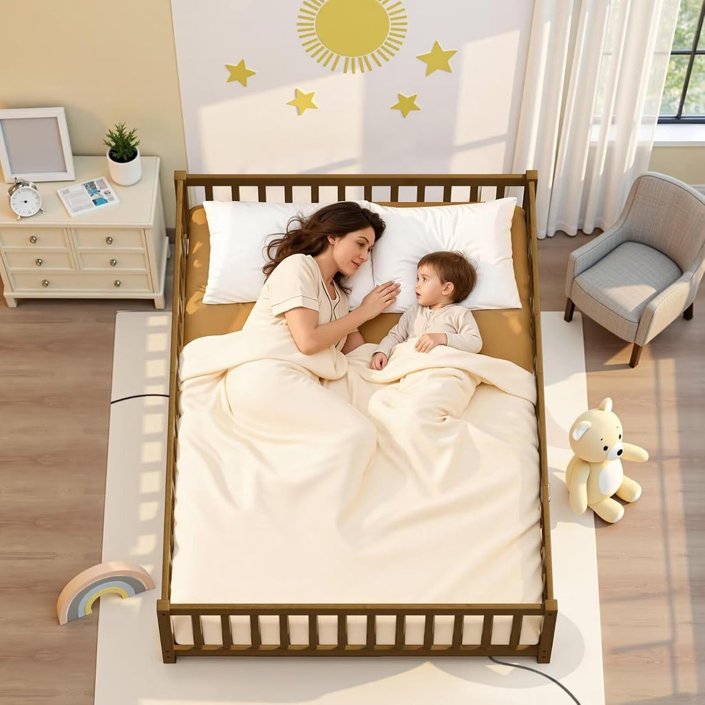 i-POOK Full Floor Bed Frame with Wood Slats, High Fence & Small Door, Pinewood Montessori Floor Bed for Girls and Boys,Light Espresso