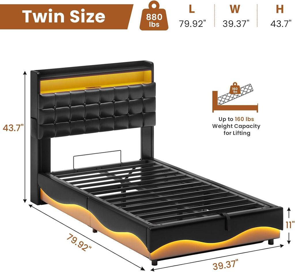 ADORNEVE Lift Up Storage Twin Bed Frame with Type-C Charging Station& Hidden Storage Headboard, LED Lights Upholstered Platform Bed, Twin Bed with Hydraulic, No Box Spring Needed,Black