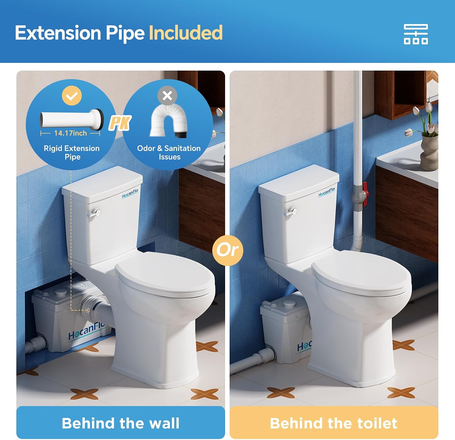 Upflush Macerating Toilet System – 21' ADA Compliant Tall Toilet with Macerator Pump Durable Copper Grinder with 4 Inlets for Basement Kitchen, Shower, Sink & Laundry, Extension Pipe Included