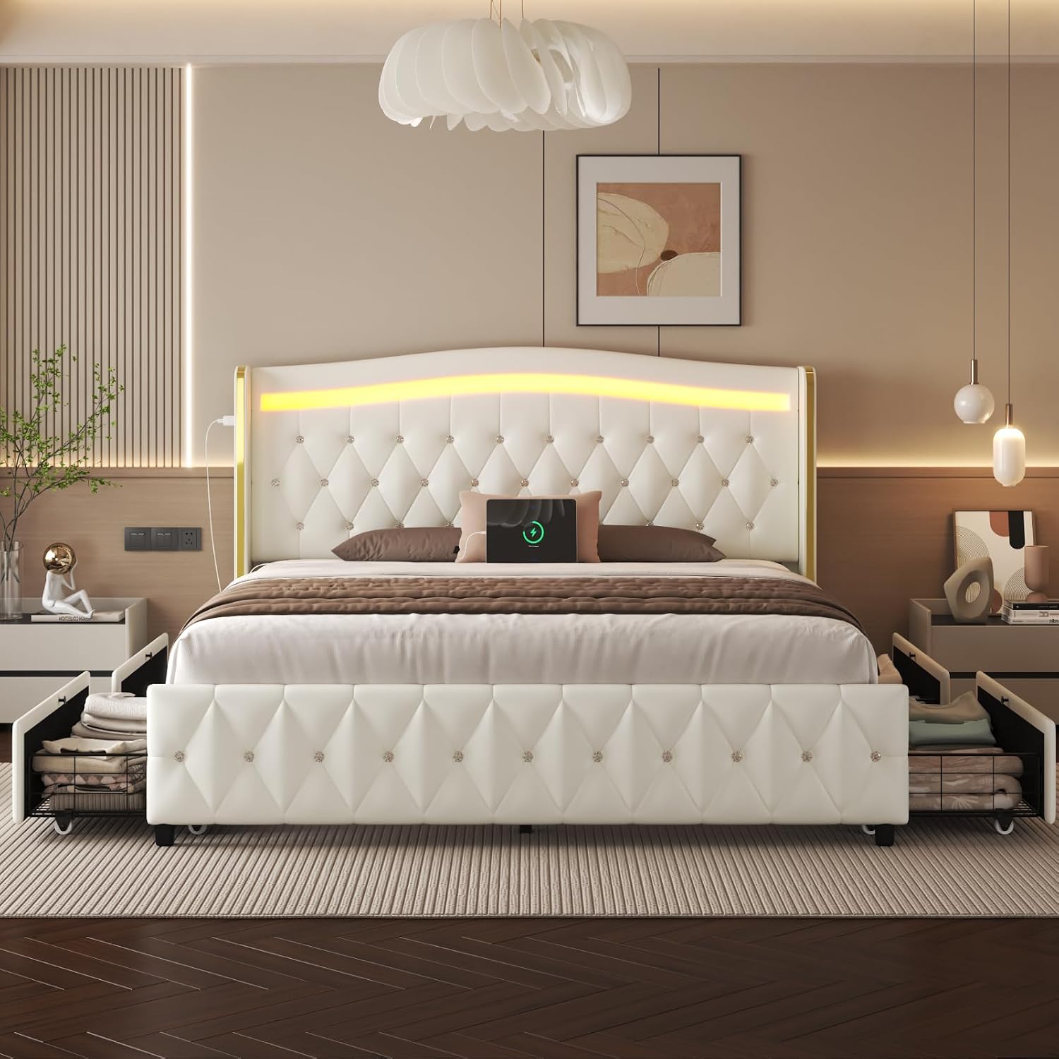 E-Motie Full Size Bed Frame with Wingback Headboard, Upholstered Platform Bed with RGB LED Lights, Charging Station, 4 Storage Drawers & Metal Slat Support, No Box Spring Needed, White