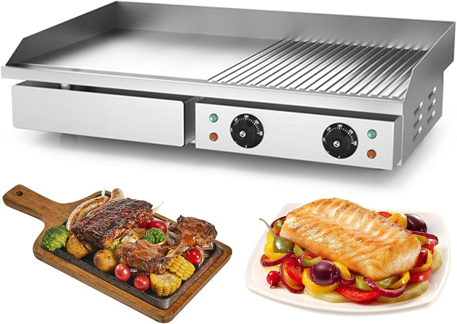 28.7' Commercial Electric Griddle, Electric Countertop Flat Top Griddle 220V 4400W Half Grooved/Flat