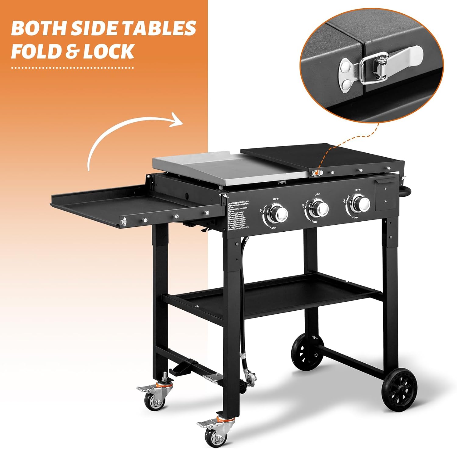 Foldable 3 Burner Cooking Station with Side Shelves Propane Fuelled Flat Top Gas Griddle Spacious Cooking Space Durable Outdoor Fire Pits for Barbecue Backyard Cookout Iron Plastic Black