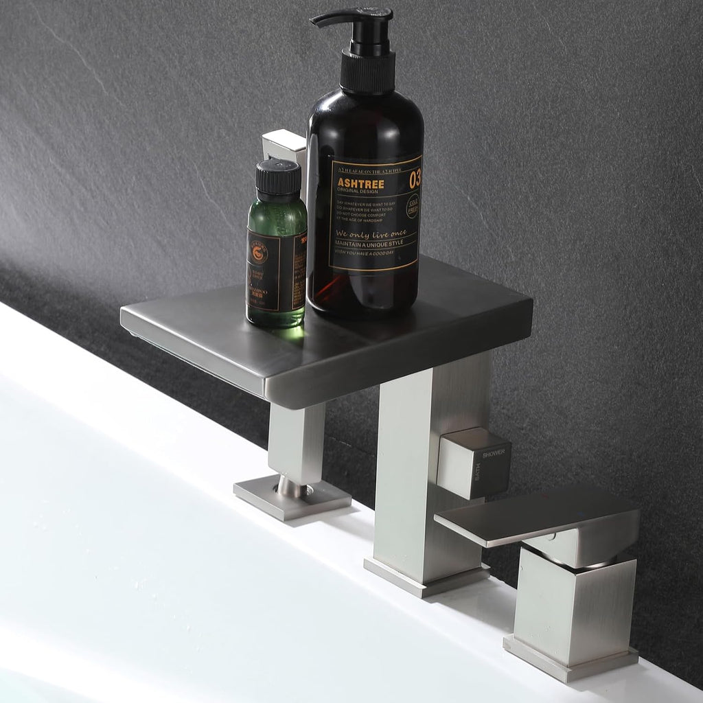 Waterfall Roman Tub Faucet with Hand Shower, Deck Mount Tub Filler Bathtub Faucet with Sprayer, Brass Widespread 3 Hole Bathtub Shower Faucet Set, Brushed Nickel