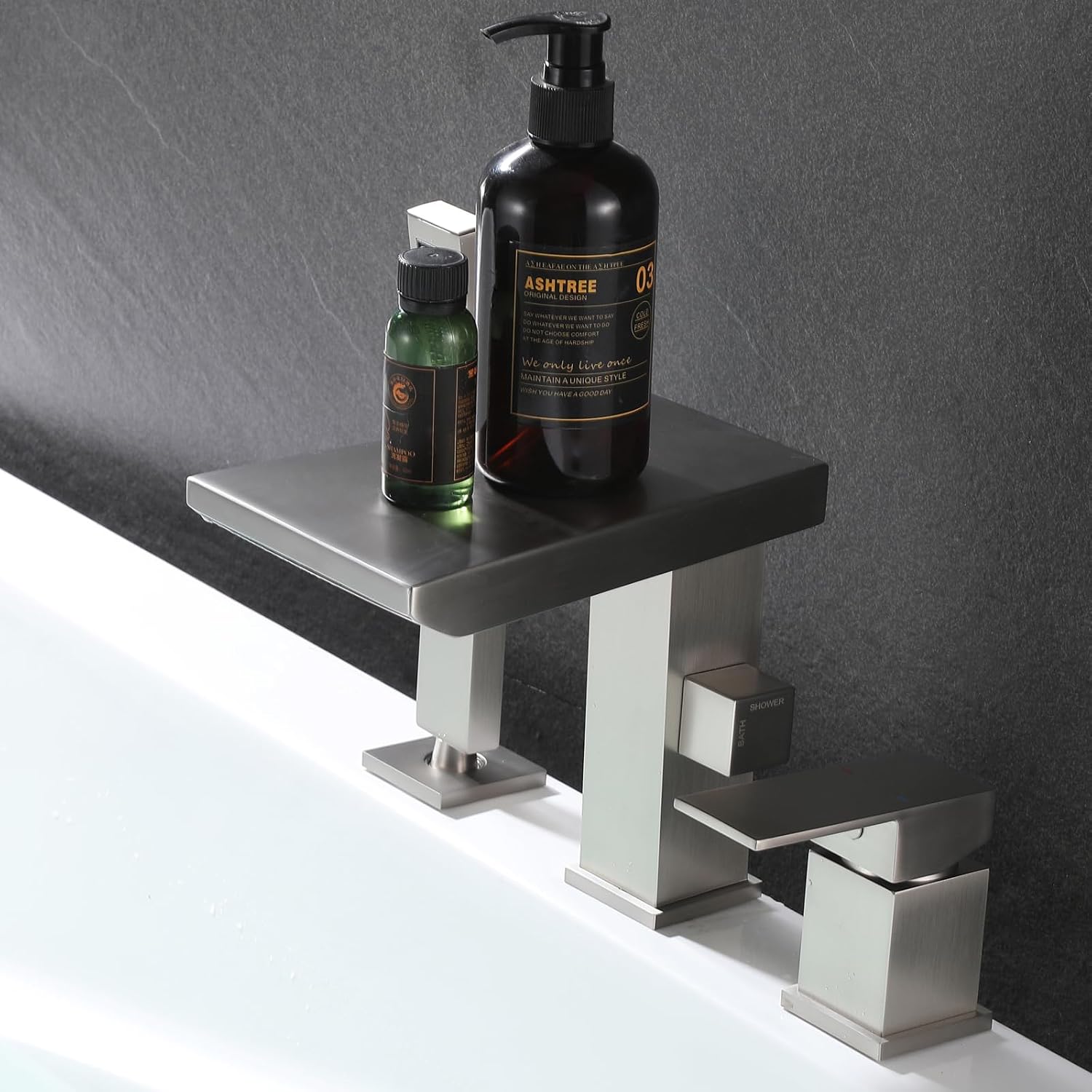 Waterfall Roman Tub Faucet with Hand Shower, Deck Mount Tub Filler Bathtub Faucet with Sprayer, Brass Widespread 3 Hole Bathtub Shower Faucet Set, Brushed Nickel