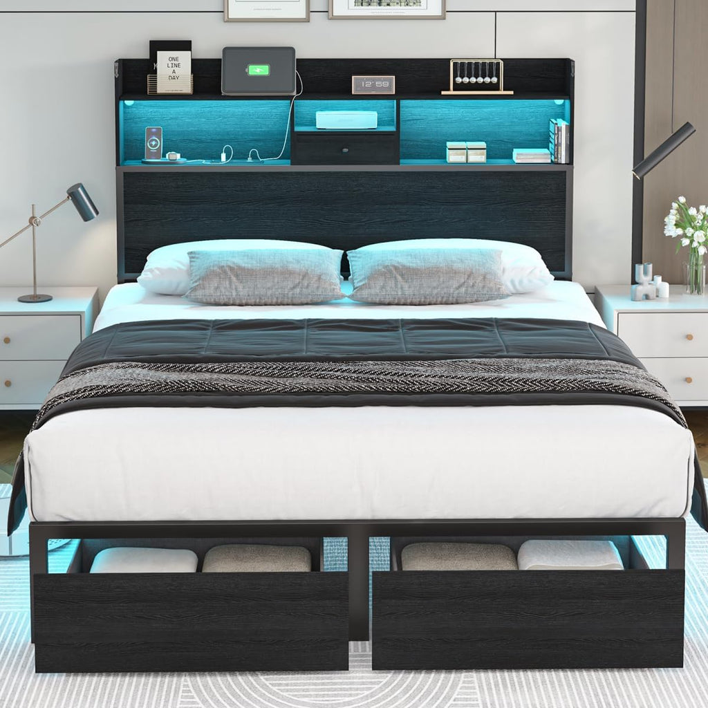 Full Size Bed Frame with Tall Headboard and LED Lights, 51.2' Bookcase Black Bed Frame Full with Storage Drawers and Charging Station, Platform Metal Bed Frames, No Box Spring Needed, Black