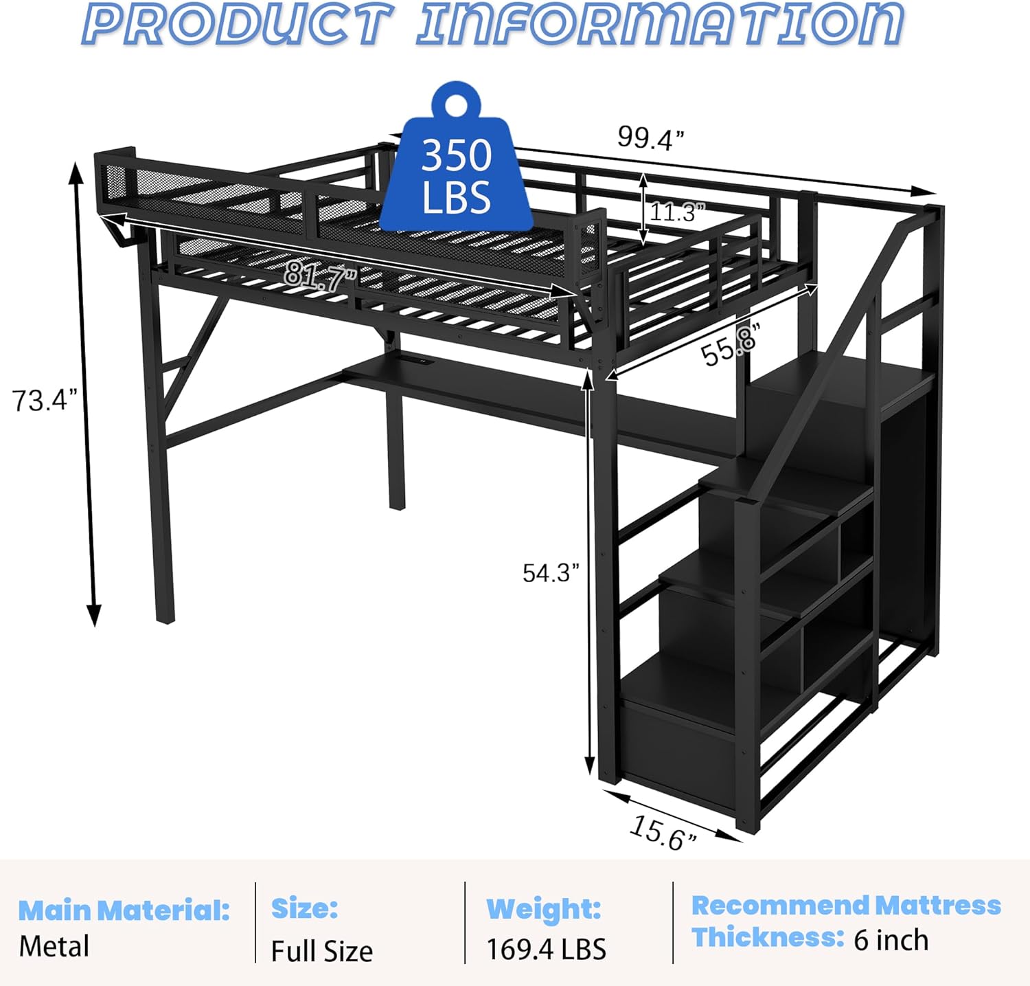 Metal Loft Bed with Desk and RGB LED Lights,Kids Loft Beds with Stairs and Charging Station,Full Size Loft Bed with Storage Shelves for Upper and Wardrobe,Loft Beds Frame for Kids(Black)