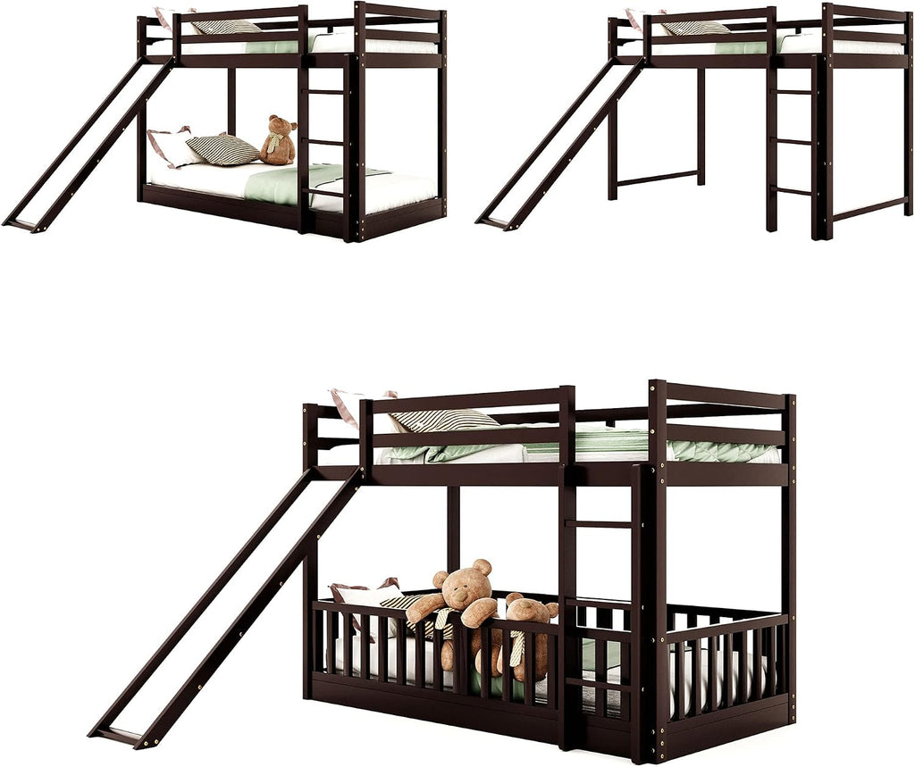 Bellemave Kids Bunk Beds with Slide, Twin Over Twin Bunk Beds with Ladder for Boys Girls, 3 Assembly Methods, Espresso