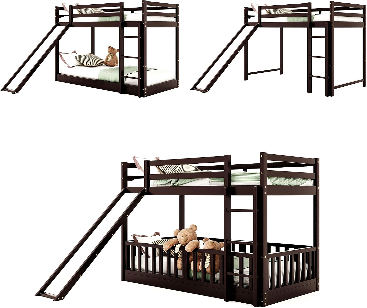 Bellemave Kids Bunk Beds with Slide, Twin Over Twin Bunk Beds with Ladder for Boys Girls, 3 Assembly Methods, Espresso